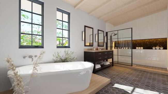 bathroom with exposed beams