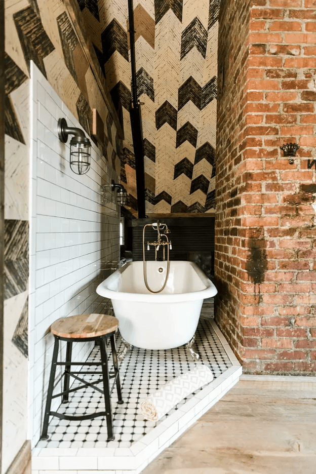 bathroom with bathtub in a nook