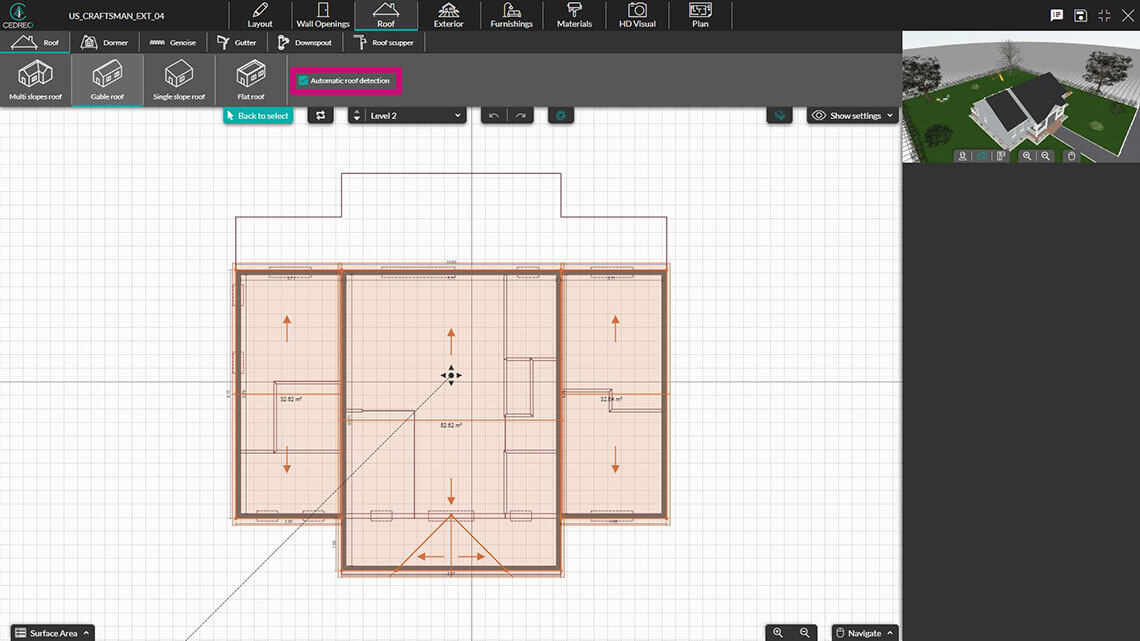 Screenshot automatic roof in Cedreo