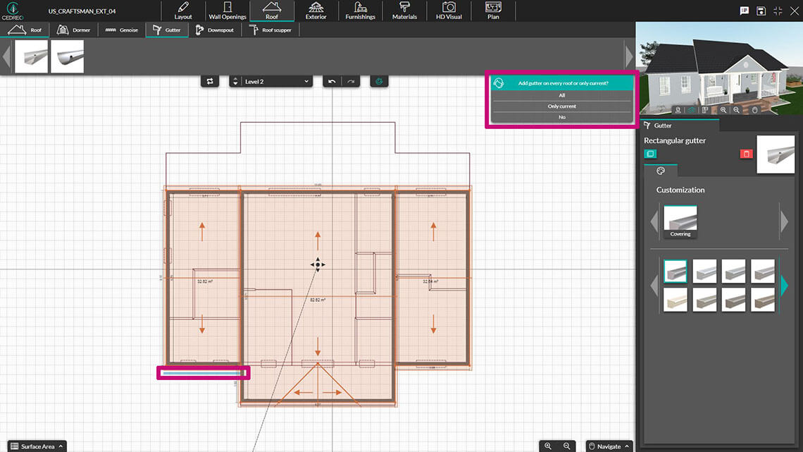 Screenshot how to add guttering in Cedreo