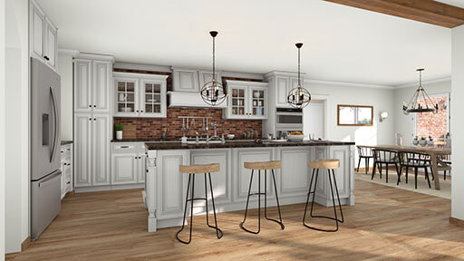 Render 3D de cocina con varios revestimientos de superficie diseñados con Cedreo