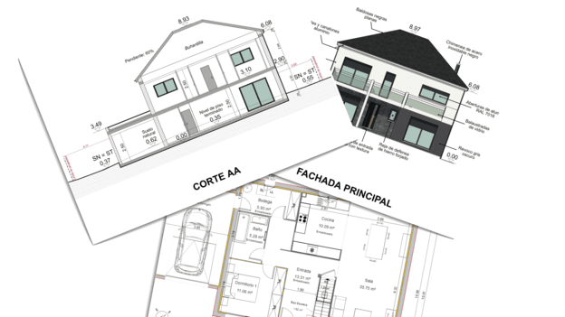 plano de casa, plano de corte y plano de fachada creados con Cedreo