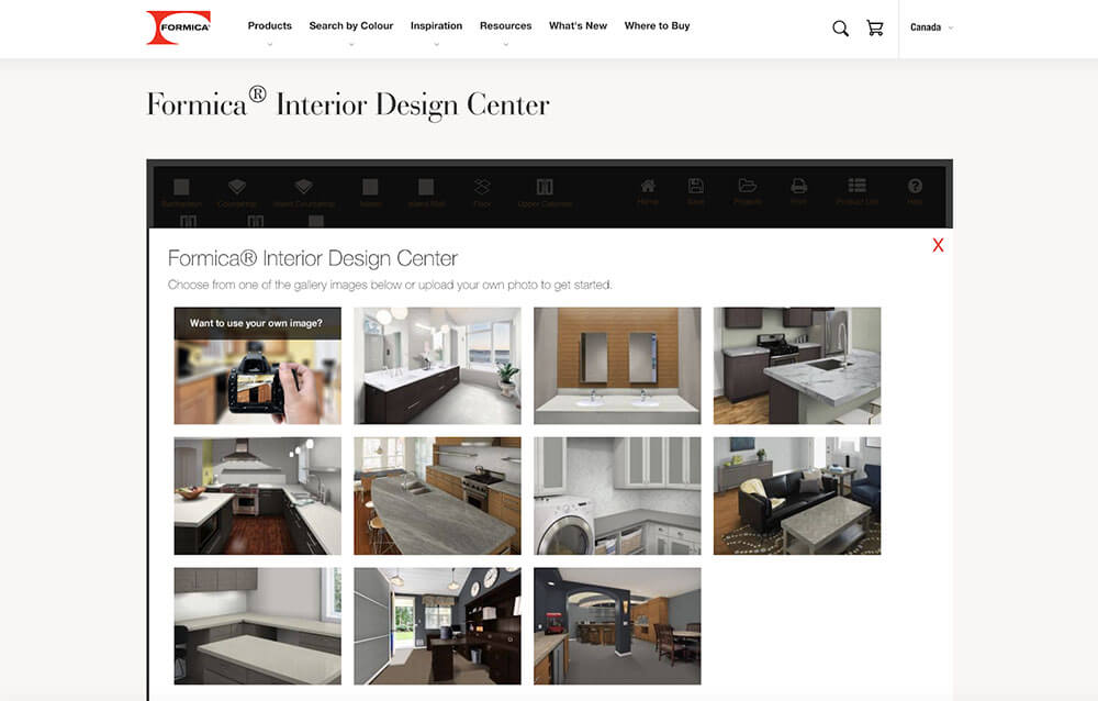 screenshot der Formica "Design a room" Webseite