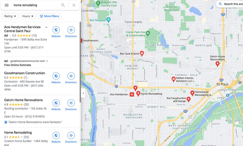 Screenshot of home remodeling research on Google Maps