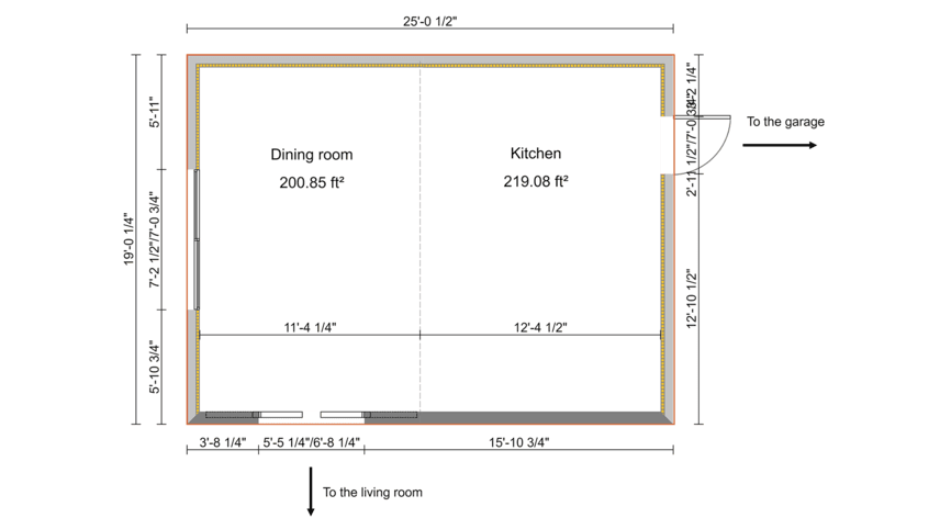 Kitchen 2D floor plan with dimensions