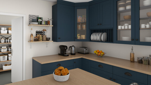 kitchen with colored cabinets