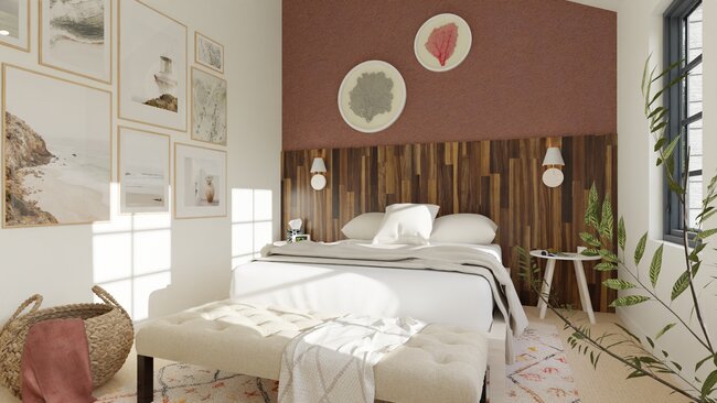 bedroom with reclaimed wood headboard