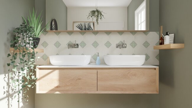 bathroom with recycled glass tiles