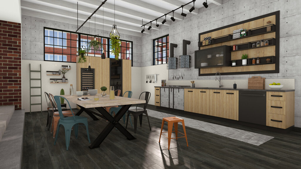 diseno de una cocina de estilo industrial creado con Cedreo