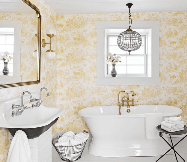 bathroom with wallpaper