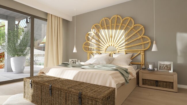 bedroom with wicker headboard